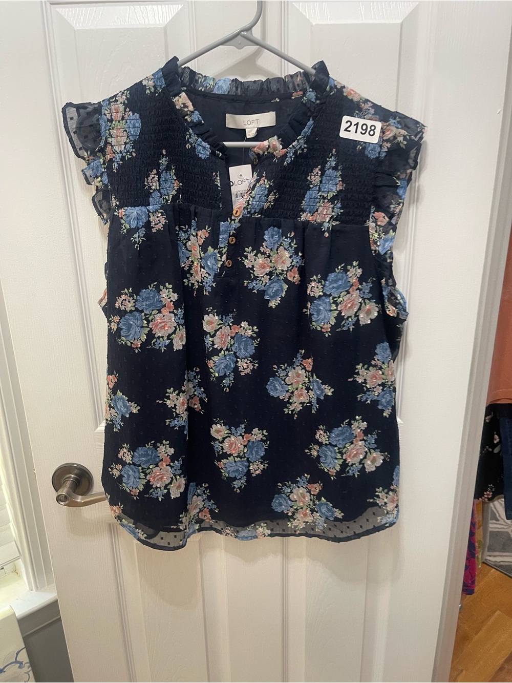 LOFT Navy Floral Smocked Ruffle Cap Sleeve Top